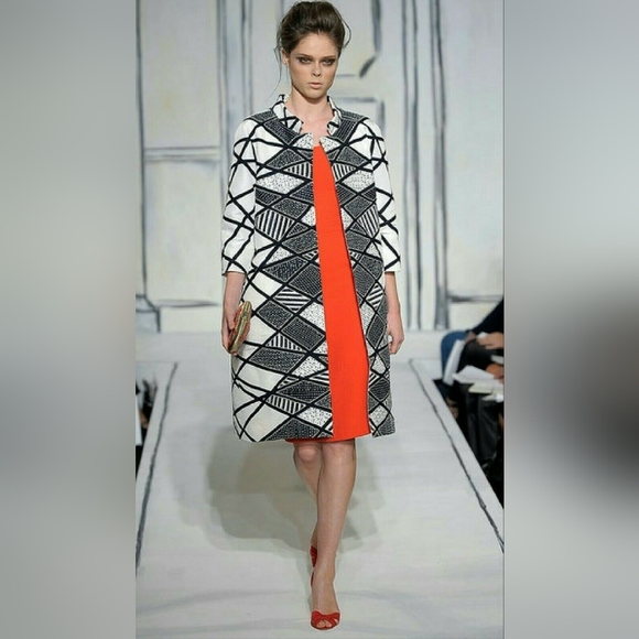 $3,800 OSCAR DE LA RENTA GORGEOUS CORAL RED WOOL SILK LINED RUNWAY DRESS US 6 - Picture 2 of 11